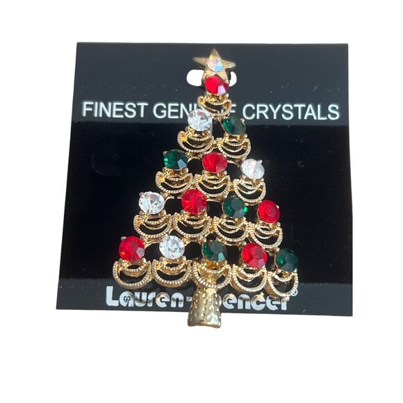Vintage Lauren Spencer Genuine Crystal Pin Brooch Gold Tone Red Green Clear New - Picture 1 of 5